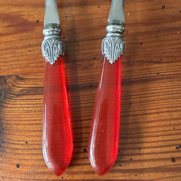 Ruby Red Handled Salad Serving Untensils/Sporks 10 Inches Clear Red Handles - Picture 2 of 11